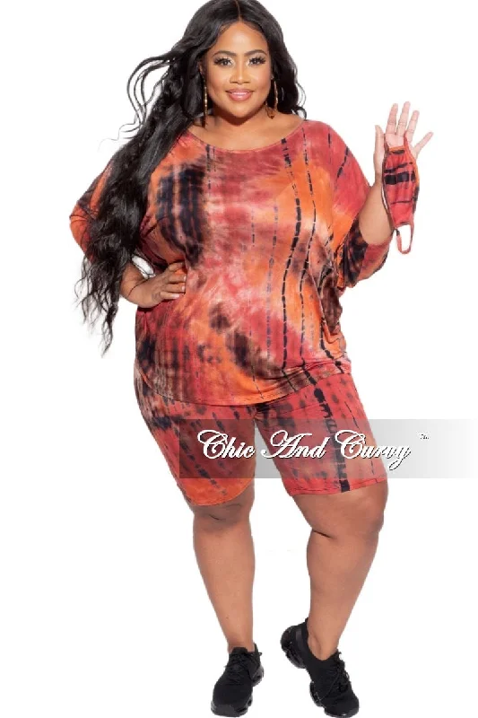 Final Sale Plus Size 2-Piece (Oversize Top & Bermuda Short) Set in Red, Orange, & Brown Tie Dye Print