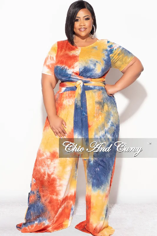 Final Sale Plus Size 2pc Short Sleeve Tie Top and Pants Set in Rust Navy and Mustard Tie Dye Print