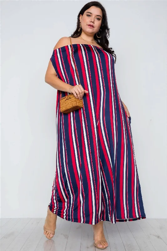 Plus Size Navy Red Off-The-Shoulder Stripe Jumpsuit / 2-2-2