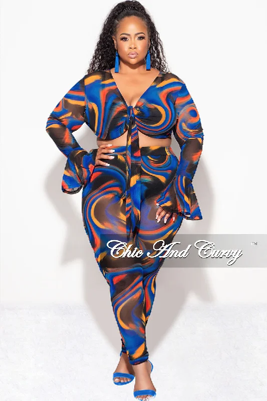 Final Sale Plus Size Sheer Bell Sleeve Tie Top and High Waist Pants Set in Royal Blue Multi Color Print Fall