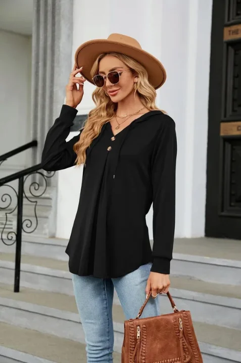 2X Black Long Sleeve Hooded Blouse