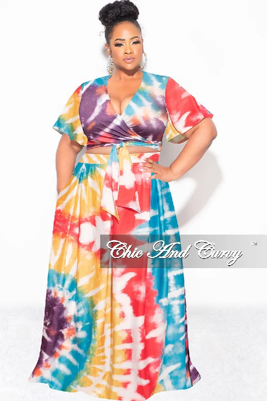 Final Sale Plus Size 2pc (Faux Wrap Crop Tie Top & Skirt) Set in Red /Purple Multi Tie Dye