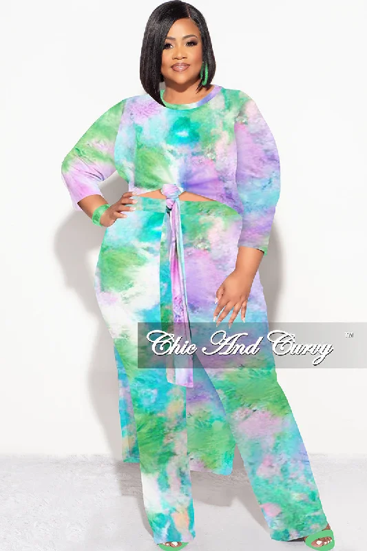 Final Sale Plus Size 2pc Double Slit Top and Set in Purple, Green & Blue Tie Dye