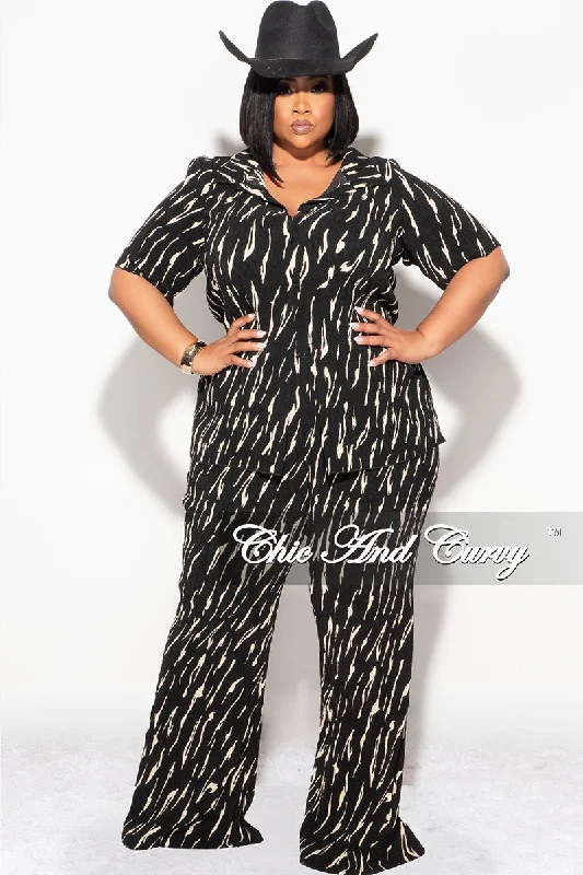 Final Sale Plus Size 2pc Button Up Collar Top and Pants Set in Black and Tan