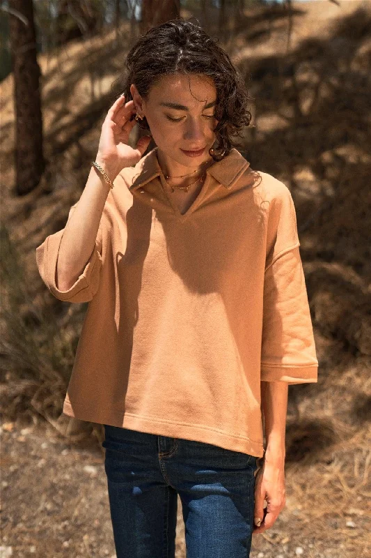 Camel Boxy Wide Half-Sleeve Collared Oversized Raglan Top /1-2-2-1