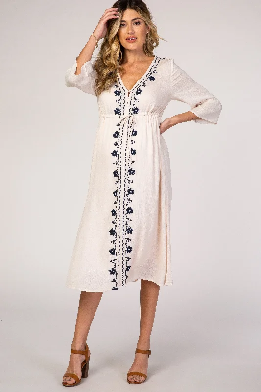 Beige Floral Embroidered 3/4 Sleeve Maternity Midi Dress