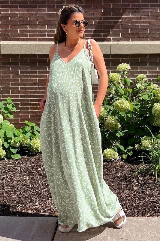 Light Olive Leaf Print Double V-Neck Maternity Maxi Dress