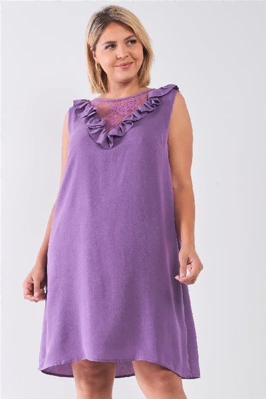 Junior Plus Size Purple Lace Insert Shift Mini Dress /2-2-2