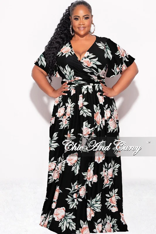 Final Sale Plus Size 2pc Cropped Tie Top and Skirt Set in Black Floral Print