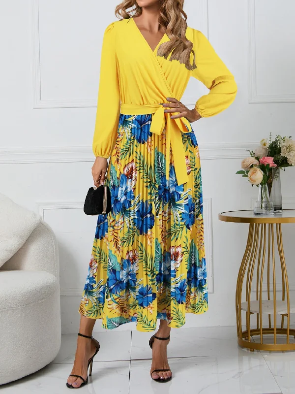 Pleated Printed Surplice Long Sleeve Dress