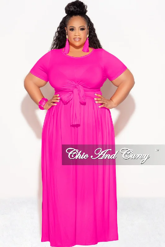 Final Sale Plus Size 2pc Short Sleeve Tie Top and Skirt Set in Fuchsia