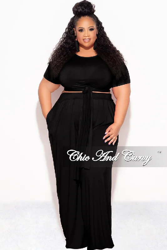 Final Sale Plus Size 2pc Short Sleeve Tie Top and Pants Set in Black