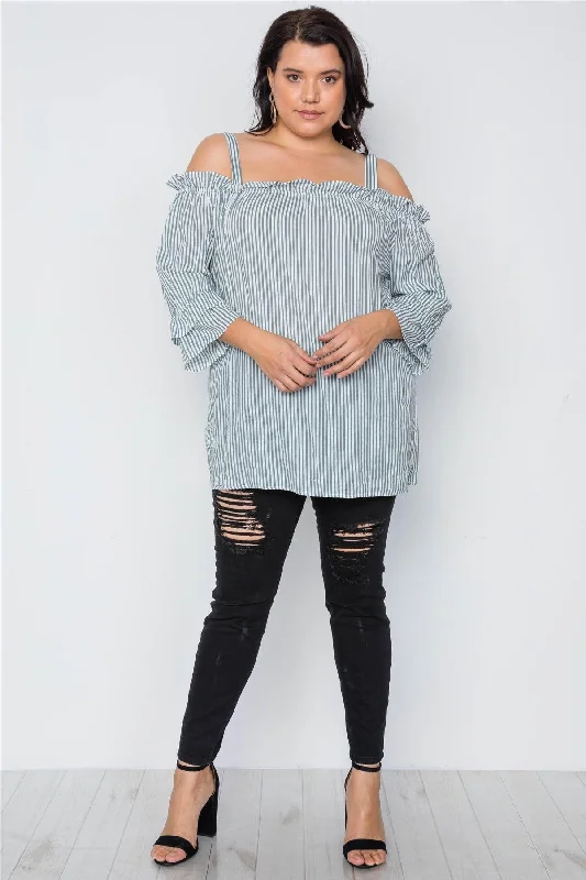 Boho Olive Plus Size Striped Cold-Shoulder Top /2-2-2