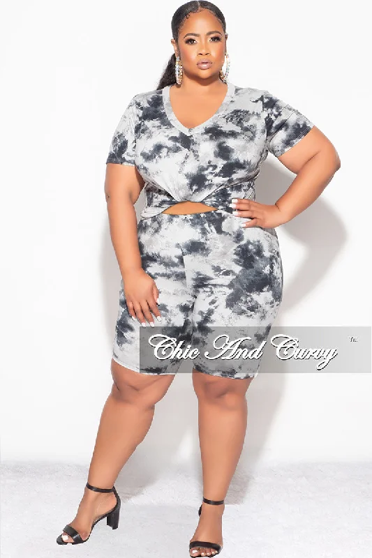 Final Sale Plus Size 2pc V Neck Biker Shorts Set in Grey Tie Dye Print