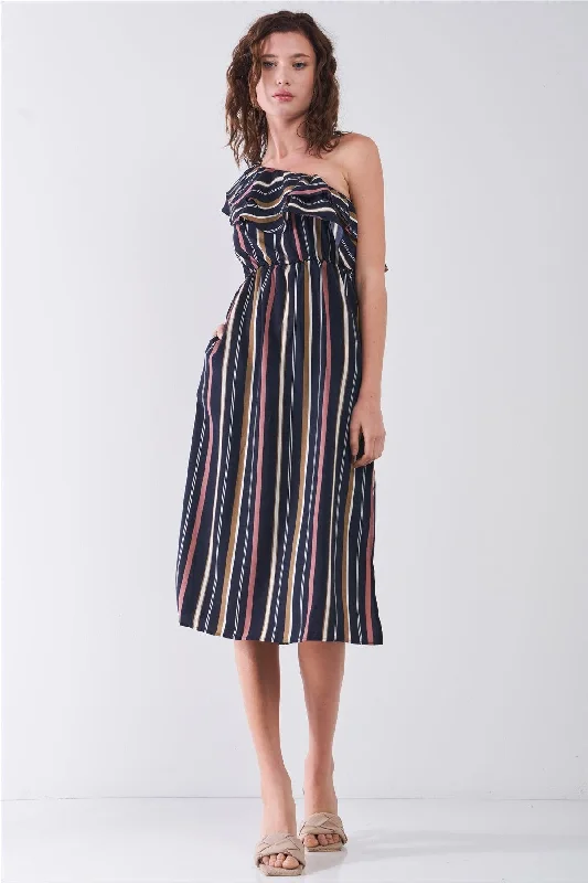 Navy Multicolor Stripe Sleeveless One-Shoulder Ruffle Detail Side Slit Midi Dress /3-2-1