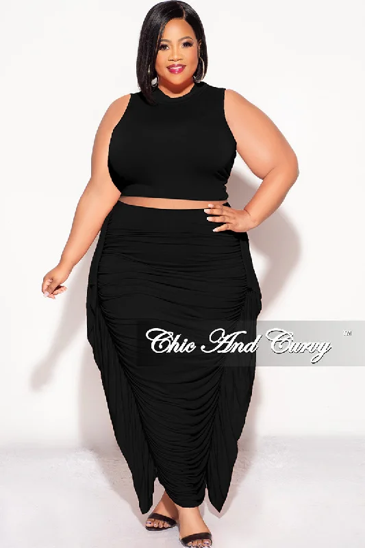 Final Sale Plus Size 2pc Tank Crop Top and Ruffle Skirt Set in Black