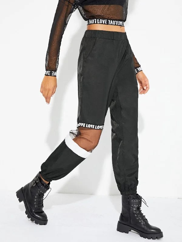 Mesh Contrast Letter Print Utility Pants