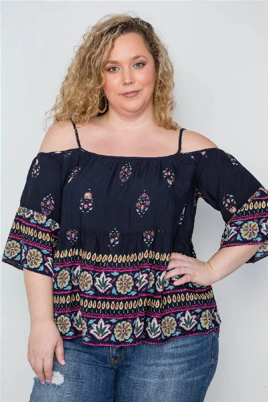 Plus Size Multi Navy Cami Open Shoulders Boho Top