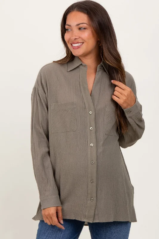 Olive Cotton Gauze Oversized Maternity Button Down Shirt