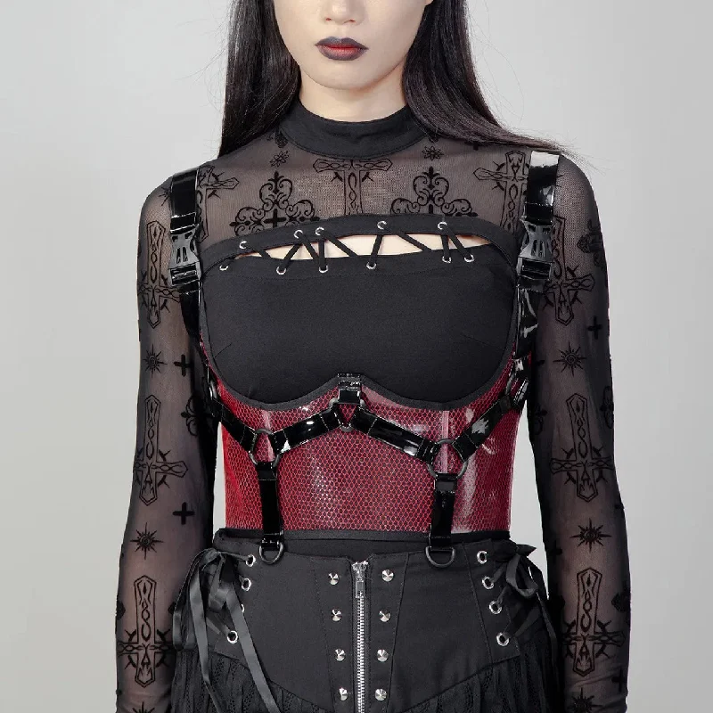 Women's Punk Buckles Mesh Underbust Corset Red