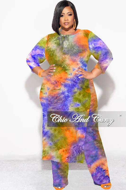 Final Sale Plus Size 2pc Double Slit Top and Set in  Purple Olive and Orange Tie Dye Print