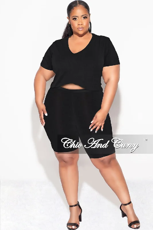 Final Sale Plus Size 2pc V Neck Biker Shorts Set in Black