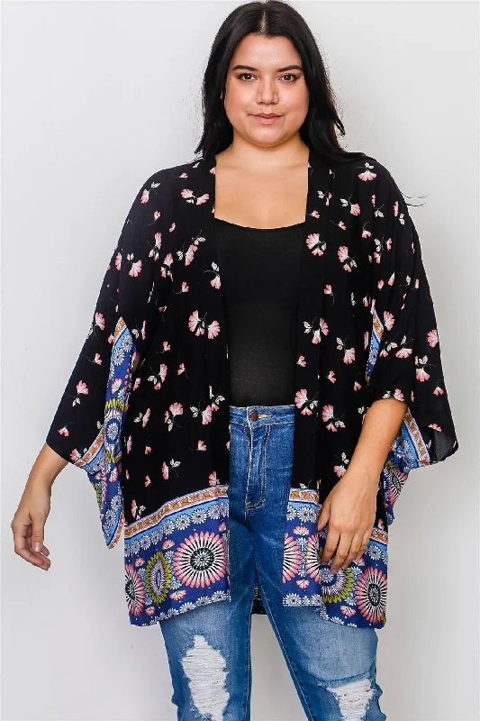 Plus Size Black Mix Print Open Front Kimono / 2-2-2