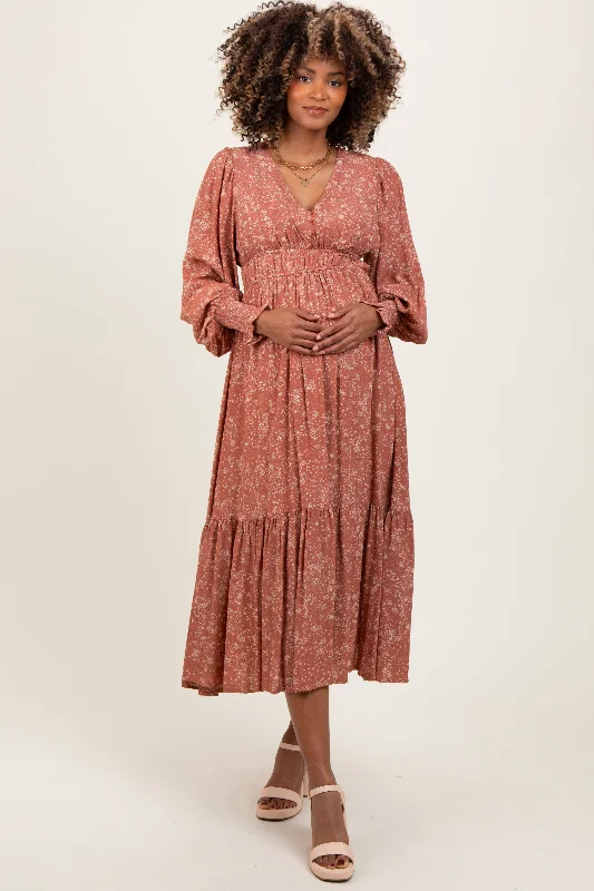 Mauve Floral Button Maternity Maxi Dress