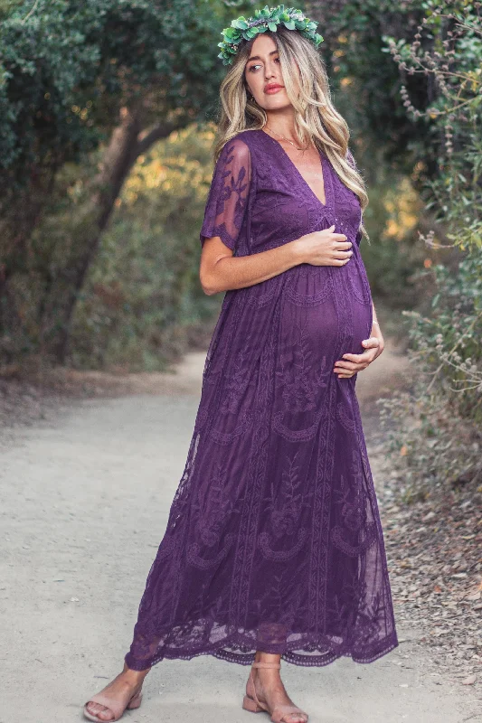 PinkBlush Plum Lace Mesh Overlay Maternity Maxi Dress