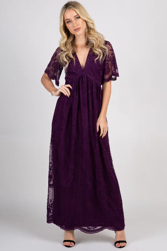 PinkBlush Plum Lace Mesh Overlay Maxi Dress