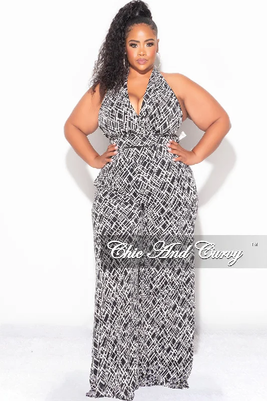 Final Sale Plus Size 2pc Halter Bra Tie Top and Pants Set in Black & White Print