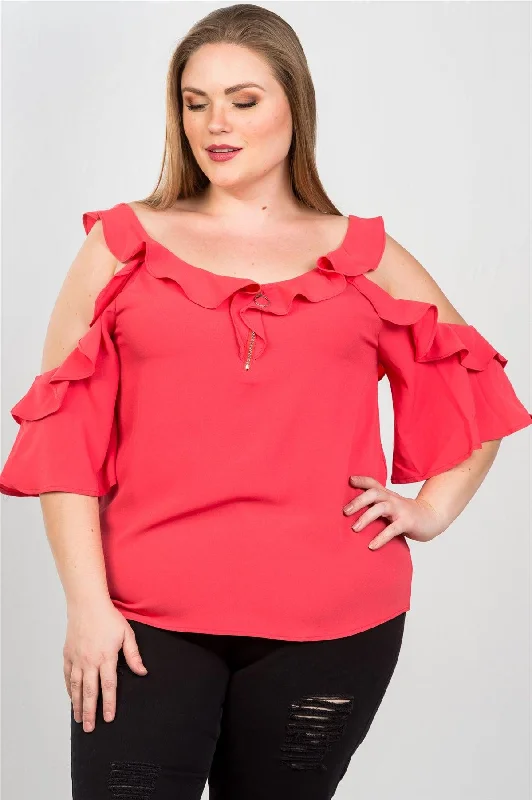 Plus Size Coral Cold Shoulder Ruffle Zipper O-Ring Top /2-2-2