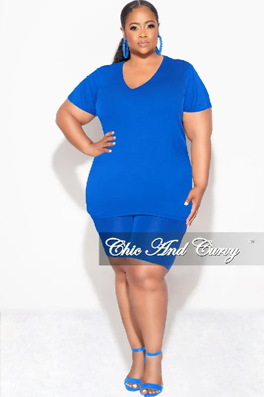 Final Sale Plus Size 2pc V Neck Biker Shorts Set in Royal Blue