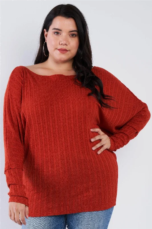 Junior Plus Size Bat Wing Rust Orange Knit Sweater Top /2-2-2