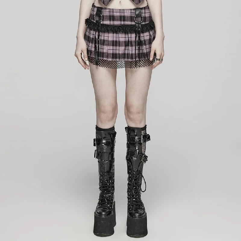 Women's Grunge Plaid Eyelet Mesh Ring Pleated Skirt Pink