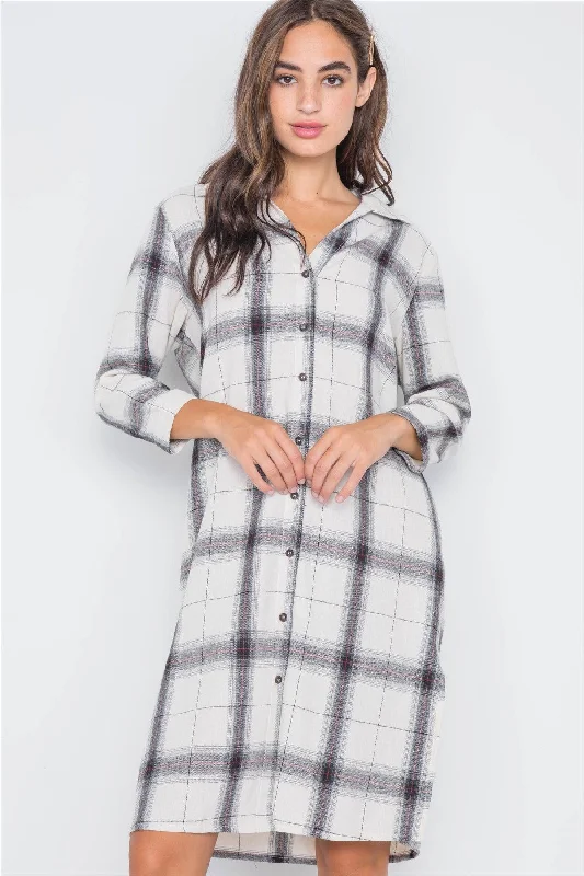 Ivory Plaid Button Down Casual Shirt Dress /2-2-1