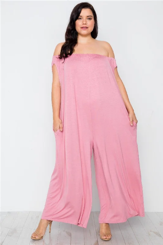 Junior Plus Size Mauve Basic Off-The-Shoulder Jumpsuit / 2-2-2