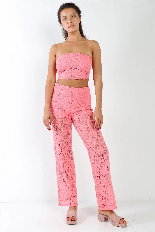 Pink Floral Lace Bandeau & Flare High Waist Boho Pant Set  /2-2-2