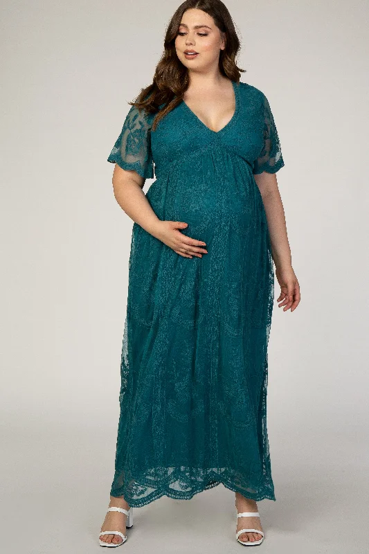 PinkBlush Teal Lace Mesh Overlay Plus Maternity Maxi Dress