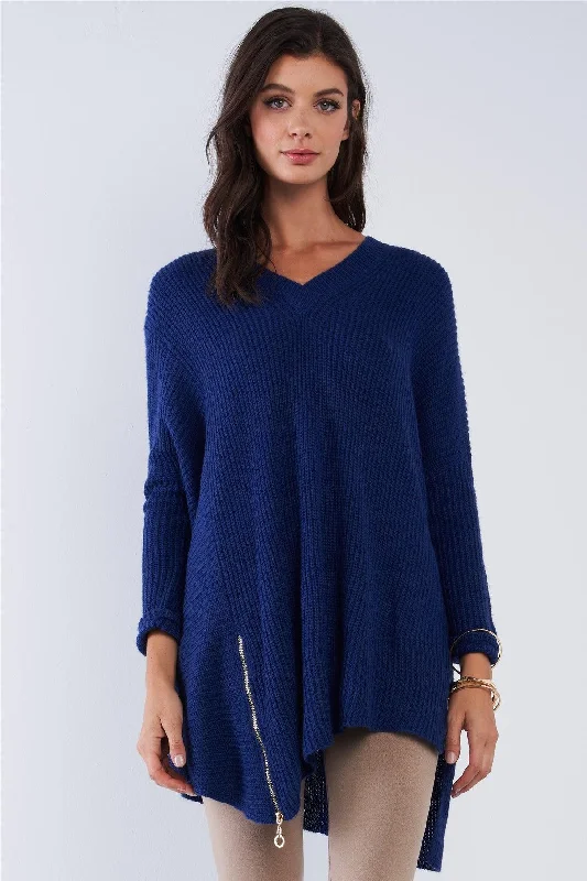 Blue Asymmetrical Oversized Gold Zipper Sweater