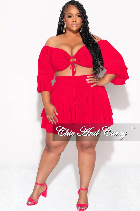 Final Sale Plus Size 2pc Set Off the Shoulder Crop Tie Top and Ruffle Layered Hem Mini Skirt in Red