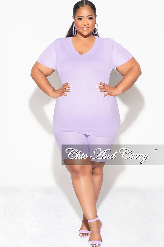 Final Sale Plus Size 2pc V Neck Biker Shorts Set in Lavender