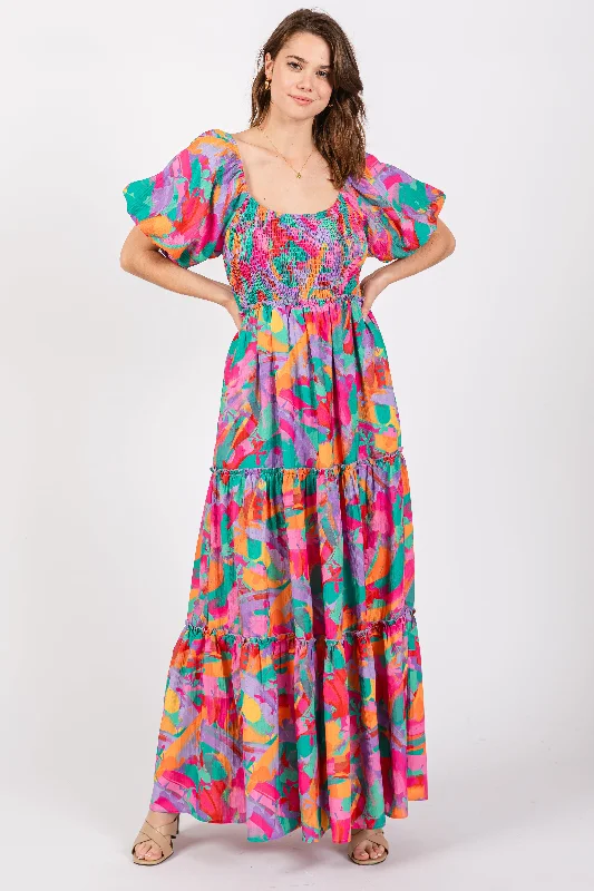 Lavender Multi Color Floral Puff Sleeve Maxi Dress