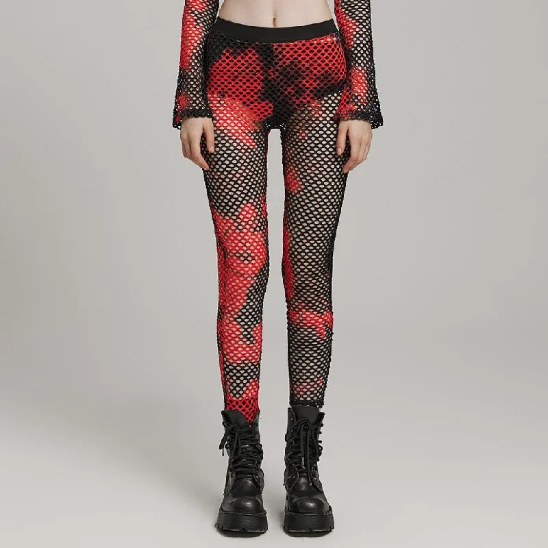 Women's Punk Mesh Tie-dyed Leggings Black-Red