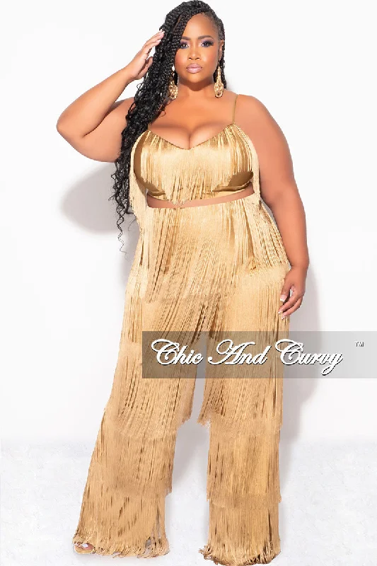 Final Sale Plus Size 2pc Fringe Layered Bra Top and Pants Set In Gold