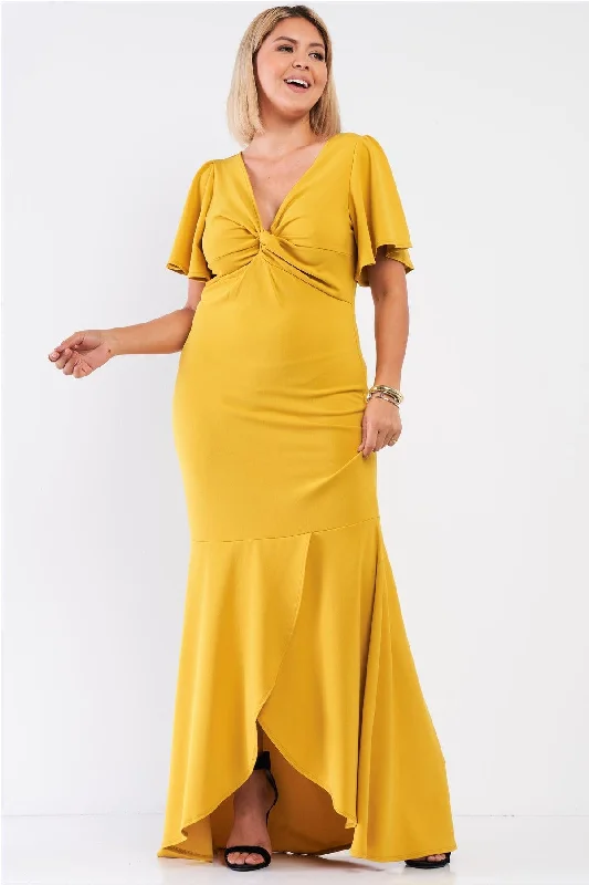 Junior Plus Tealeaf Mustard V-Neck Angel Sleeve Wrap Twist Bottom Wrap Mermaid Tail Maxi Dress /1-1-1