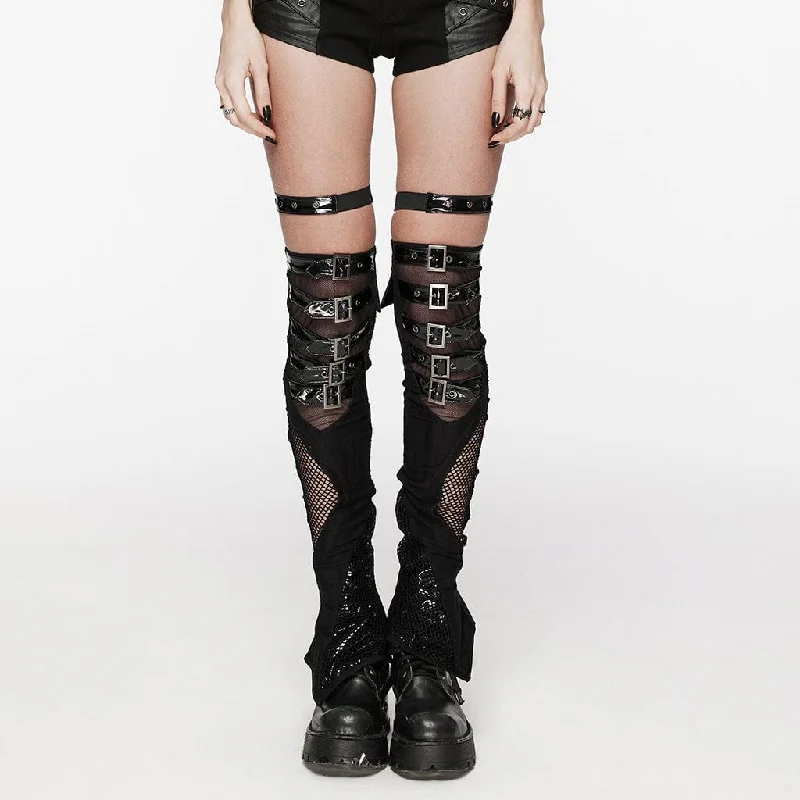 Women's Punk Irregular Mesh Splice Buckle Leg Warmer with Garter