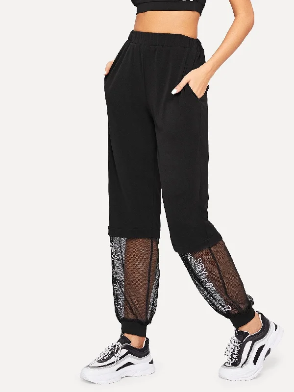 Mesh Panel Letter Embroidered Pants