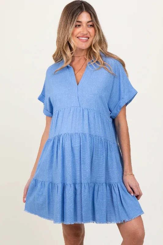 Blue Tiered Linen Maternity Dress