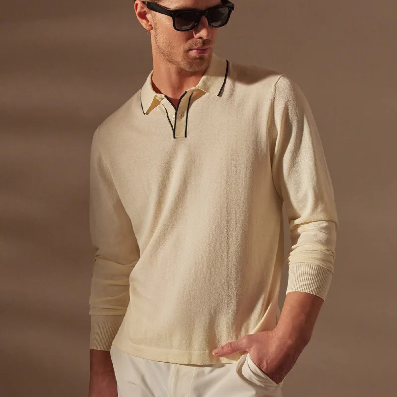 Retro Tipped Long Sleeve Polo - Ivory/Black